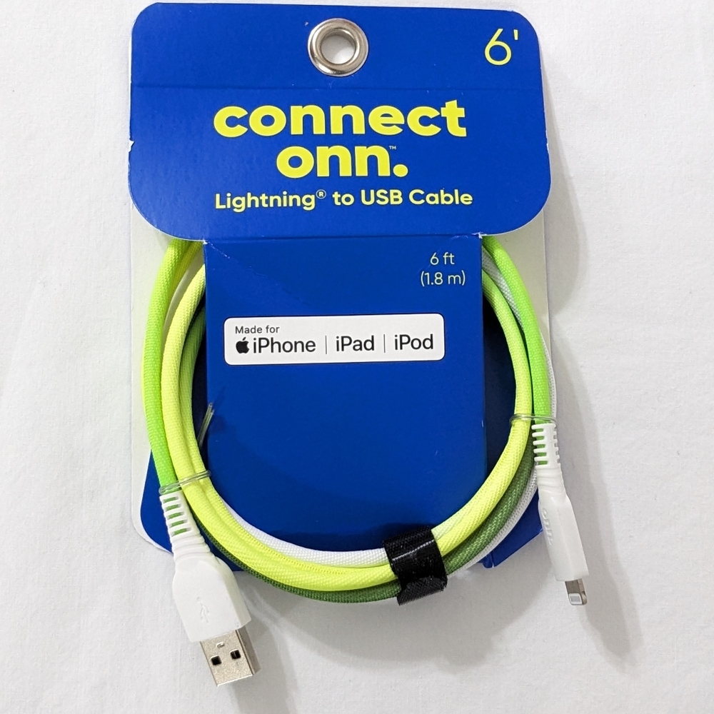 NEW Connect Onn. 6 ft. Yellow, Green, & White Lightning to USB Cable